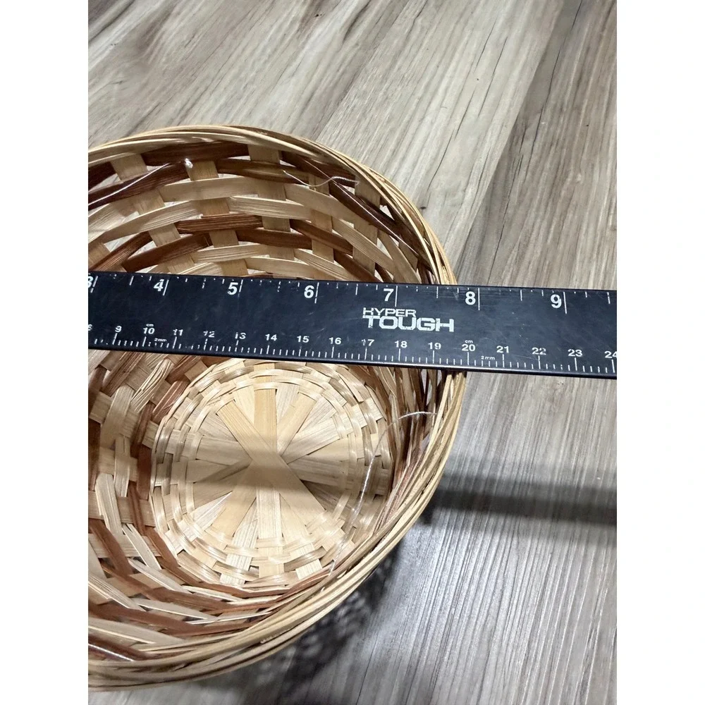Two Tone Woven Wood Slat Round Basket Natural Brown Rustic Decor 9.5 Inch